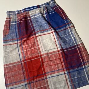 Vtg JBJ Plaid Linen Blend Midi Skirt w/Pockets Red White Blue USA‎ Made Size 14